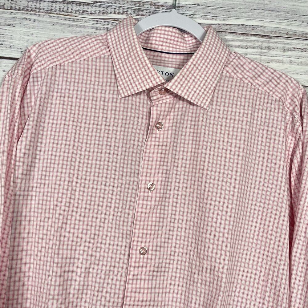 Eton Shirt Mens XL 44 17.5 White Pink Check Contemporary Cotton Button Up Dress